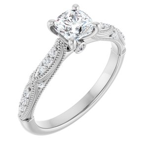 14K White 5 mm Cushion Forever One™ Moissanite & 1/10 CTW Diamond Engagement Ring